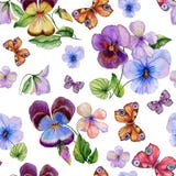 Schöne klare Viola blüht Blätter und helle Schmetterlinge auf weißem Hintergrund Nahtloses Frühlings-oder Sommer-Blumenmuster stock abbildung Schöne klare Viola blüht Blätter und helle Schmetterlinge auf weißem Hintergrund Nahtloses Frühlings-oder Sommer-Blumenmuster stock abbildung