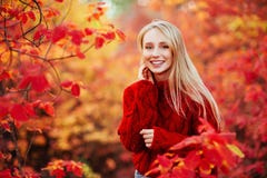 Schöne lächelnde Frau nahe roten Blättern draußen stockfotografie Schöne lächelnde Frau nahe roten Blättern draußen stockfotografie