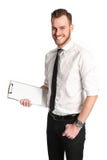 Schöner Geschäftsmann mit einem Klemmbrett, das ein weißes Hemd und eine Bindung trägt stockbild Schöner Geschäftsmann mit einem Klemmbrett, das ein weißes Hemd und eine Bindung trägt stockbild