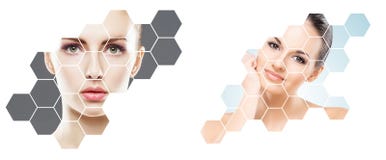 Schönes Gesicht des jungen und gesunden Mädchens in der Collage Plastische Chirurgie, Hautpflege, Kosmetik und Face lifting-Konze lizenzfreie stockfotografie Schönes Gesicht des jungen und gesunden Mädchens in der Collage Plastische Chirurgie, Hautpflege, Kosmetik und Face lifting-Konze lizenzfreie stockfotografie