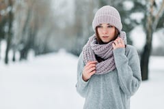 Schönes Mädchen in den Winterständen auf der Straße in einem Hut und in einer Strickjacke im Winter stockfotografie Schönes Mädchen in den Winterständen auf der Straße in einem Hut und in einer Strickjacke im Winter stockfotografie