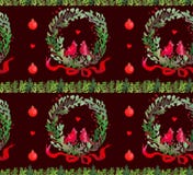 Schönes nahtloses Muster des Weihnachtsaquarells mit Kranz, Vögeln, Bändern und Bällen stock abbildung Schönes nahtloses Muster des Weihnachtsaquarells mit Kranz, Vögeln, Bändern und Bällen stock abbildung