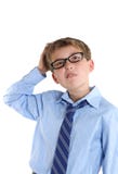 Schüler, der Kopf beim oben denken und schauen verkratzt Stockfotografie Schüler, der Kopf beim oben denken und schauen verkratzt Stockfotografie