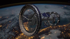 Lugares de interés. Sci-fi-international-space-station-iss-revolving-over-earths-atmosphere-orbiting-earth-d-animation-elements-t-video-144353731