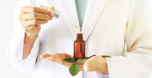 Scientist with natural drug research, Green herbal medicine discovery at science lab.