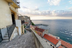 Scilla, Calabria. Beautiful aerial view of cityscape and coastline at summer sunset stock photo Scilla, Calabria. Beautiful aerial view of cityscape and coastline at summer sunset stock photo