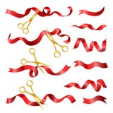 Red ribbon and golden scissors cutting for ceremony opening vector isolated 3D icon