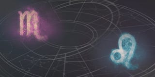 Scorpio and Leo horoscope signs compatibility. Night sky Abstrac. T background royalty free stock images Scorpio and Leo horoscope signs compatibility. Night sky Abstrac. T background royalty free stock images