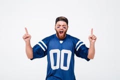 Screaming man fan in blue t-shirt pointing. royalty free stock image Screaming man fan in blue t-shirt pointing. royalty free stock image