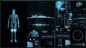 Blue futuristic patient monitor screen in perspective / Medical screen interface