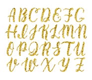 Scritto latino disegnato a mano della spazzola di calligrafia delle lettere maiuscole Alfabeto di scintillio dell'oro Vettore illustrazione vettoriale Scritto latino disegnato a mano della spazzola di calligrafia delle lettere maiuscole Alfabeto di scintillio dell'oro Vettore illustrazione vettoriale