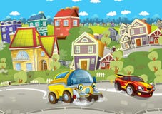 Scène d'été de bande dessinée avec la conduite de nettoyage de réservoir par la ville et la conduite de sports près illustration de vecteur Scène d'été de bande dessinée avec la conduite de nettoyage de réservoir par la ville et la conduite de sports près illustration de vecteur