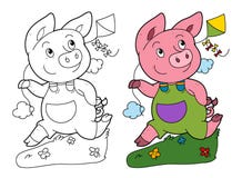 Scène de bande dessinée avec le porc fonctionnant et jouant tenant le cerf-volant - sur le fond blanc avec la page de coloration Photographie stock Scène de bande dessinée avec le porc fonctionnant et jouant tenant le cerf-volant - sur le fond blanc avec la page de coloration Photographie stock