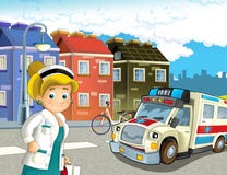 Scène de bande dessinée dans la ville avec l'ambulance heureuse de voiture de docteur illustration libre de droits Scène de bande dessinée dans la ville avec l'ambulance heureuse de voiture de docteur illustration libre de droits