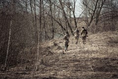 Scène de chasse avec des chasseurs dans le camouflage volant au printemps la forêt avec les feuilles sèches pendant la saison de photos libres de droits Scène de chasse avec des chasseurs dans le camouflage volant au printemps la forêt avec les feuilles sèches pendant la saison de photos libres de droits