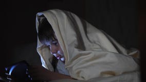 Se caçoa usando o PC da tabuleta sob a cobertura na noite O menino joga jogos de computador vídeos de arquivo Se caçoa usando o PC da tabuleta sob a cobertura na noite O menino joga jogos de computador vídeos de arquivo