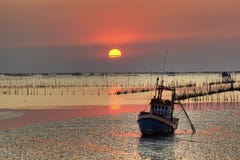 Sea And Boat Landscape At Sunset Time Royalty Free Stock Images