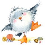 Sea bird seagull. Marine funny background. watercolor illustration