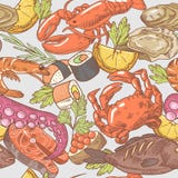 Sea Food Hand Drawn Seamless Pattern. Background with Octopus, Crab and Lobster Royalty Free Stock Image Sea Food Hand Drawn Seamless Pattern. Background with Octopus, Crab and Lobster Royalty Free Stock Image