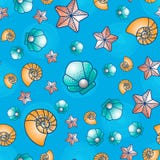 Sea print. Sea inhabitants sea scallop, starfish and seashell seamless pattern stock illustration Sea print. Sea inhabitants sea scallop, starfish and seashell seamless pattern stock illustration