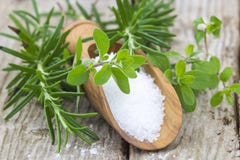 Sea salt and fresh herbs stock image Sea salt and fresh herbs stock image