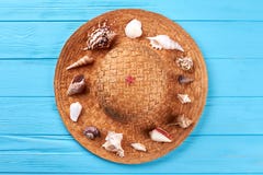 Sea shells on straw hat. stock photography Sea shells on straw hat. stock photography