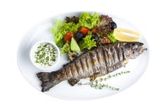Seabass που ψήνεται με τα χορτάρια σε ένα άσπρο πιάτο στοκ φωτογραφία Seabass που ψήνεται με τα χορτάρια σε ένα άσπρο πιάτο στοκ φωτογραφία