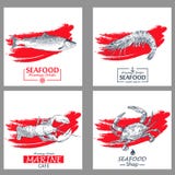 Seafood vintage design template set. Vector illustration hand drawn linear art. Vector Illustration Seafood vintage design template set. Vector illustration hand drawn linear art. Vector Illustration