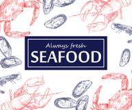 Seafood vintage design template set. Vector illustration hand drawn linear art. Stock Illustration Seafood vintage design template set. Vector illustration hand drawn linear art. Stock Illustration