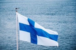 Seagull sit on The Flag of Finland against the sea Royalty Free Stock Image Seagull sit on The Flag of Finland against the sea Royalty Free Stock Image