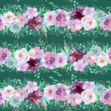 Seamless watercolor floral pattern in mint green and light purple violet colors on dark green background Note to editor: vector illustration Seamless watercolor floral pattern in mint green and light purple violet colors on dark green background Note to editor: vector illustration