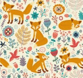 Seamless background with cute foxes and flowers Stock Illustration Seamless background with cute foxes and flowers Stock Illustration