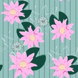 Seamless bakgrund Illustration med exotiska blommor Damm med lotusblomma stock illustrationer Seamless bakgrund Illustration med exotiska blommor Damm med lotusblomma stock illustrationer