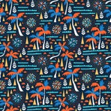 Seamless beach vector pattern with fireworks, palms and waves. Vector hawaiian background. Fabric design. Royalty Free Stock Images Seamless beach vector pattern with fireworks, palms and waves. Vector hawaiian background. Fabric design. Royalty Free Stock Images