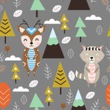 Seamless pattern with deer and raccoon in forest Scandinavian style - vector illustration, eps vector illustration Seamless pattern with deer and raccoon in forest Scandinavian style - vector illustration, eps vector illustration