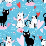 Seamless Festive Pattern With Cats In Love Royalty Free Stock Photography