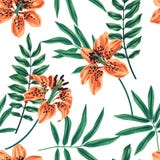 Seamless Floral Pattern, Botanical Design With Large Tropical Lily Flowers, Leaves, Branches. Vector. Royalty Free Stock Photography