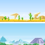 Seamless horizontal landscape background. Vector illustration of desert sand dunes, rocks, mountains, volcanoes. vector illustration Seamless horizontal landscape background. Vector illustration of desert sand dunes, rocks, mountains, volcanoes. vector illustration