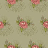 seamless modell Härlig ordning av blommor av pionen på en grön bakgrund stock illustrationer seamless modell Härlig ordning av blommor av pionen på en grön bakgrund stock illustrationer