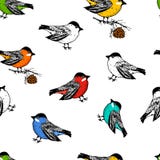 Seamless pattern birds and Christmas animals. New Year bird cardinal or tit. winter holidays. engraved hand drawn in old. Sketch and vintage style for postcards stock illustration Seamless pattern birds and Christmas animals. New Year bird cardinal or tit. winter holidays. engraved hand drawn in old. Sketch and vintage style for postcards stock illustration