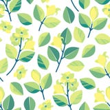 Seamless pattern with branches, leaves and lemon flowers. Spring background in a flat style. royalty free illustration Seamless pattern with branches, leaves and lemon flowers. Spring background in a flat style. royalty free illustration