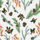 A seamless pattern for Christmas and New Year. Beautiful pine branches with cones, holly and rowan branch royalty free illustration A seamless pattern for Christmas and New Year. Beautiful pine branches with cones, holly and rowan branch royalty free illustration