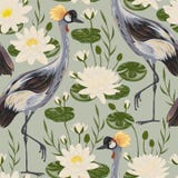 Seamless pattern with crane bird and water lily. Oriental motif. vector illustration Seamless pattern with crane bird and water lily. Oriental motif. vector illustration