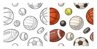 Seamless pattern different kinds sport balls. Vintage color vector engraving vector illustration Seamless pattern different kinds sport balls. Vintage color vector engraving vector illustration