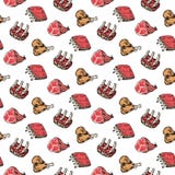 Seamless pattern hand drawn colorful beef steak, pork ham, lamb rib, minced chicken forcemeat. Doodle black sketch. Sign symbol. royalty free illustration Seamless pattern hand drawn colorful beef steak, pork ham, lamb rib, minced chicken forcemeat. Doodle black sketch. Sign symbol. royalty free illustration