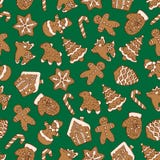 Seamless Pattern Of Christmas Homemade Gingerbread Cookies On Green Background. Christmas Tree, Snowflake, Deer And Snowman. Vecto Royalty Free Stock Photo