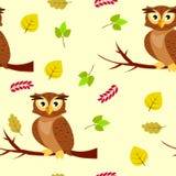Seamless pattern with owls on a tree branch and autumn leaves Stock Photography Seamless pattern with owls on a tree branch and autumn leaves Stock Photography