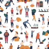 Seamless pattern with people gathering crops in autumn. Backdrop with farmers harvesting or collecting seasonal ripe royalty free illustration Seamless pattern with people gathering crops in autumn. Backdrop with farmers harvesting or collecting seasonal ripe royalty free illustration