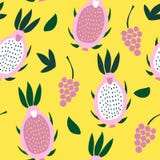 Seamless pattern of pink pitaya and grapes on a bright yellow background. royalty free illustration Seamless pattern of pink pitaya and grapes on a bright yellow background. royalty free illustration