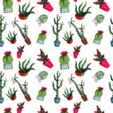 Seamless pattern of six watercolor cacti of different types in pots royalty free stock photo Seamless pattern of six watercolor cacti of different types in pots royalty free stock photo